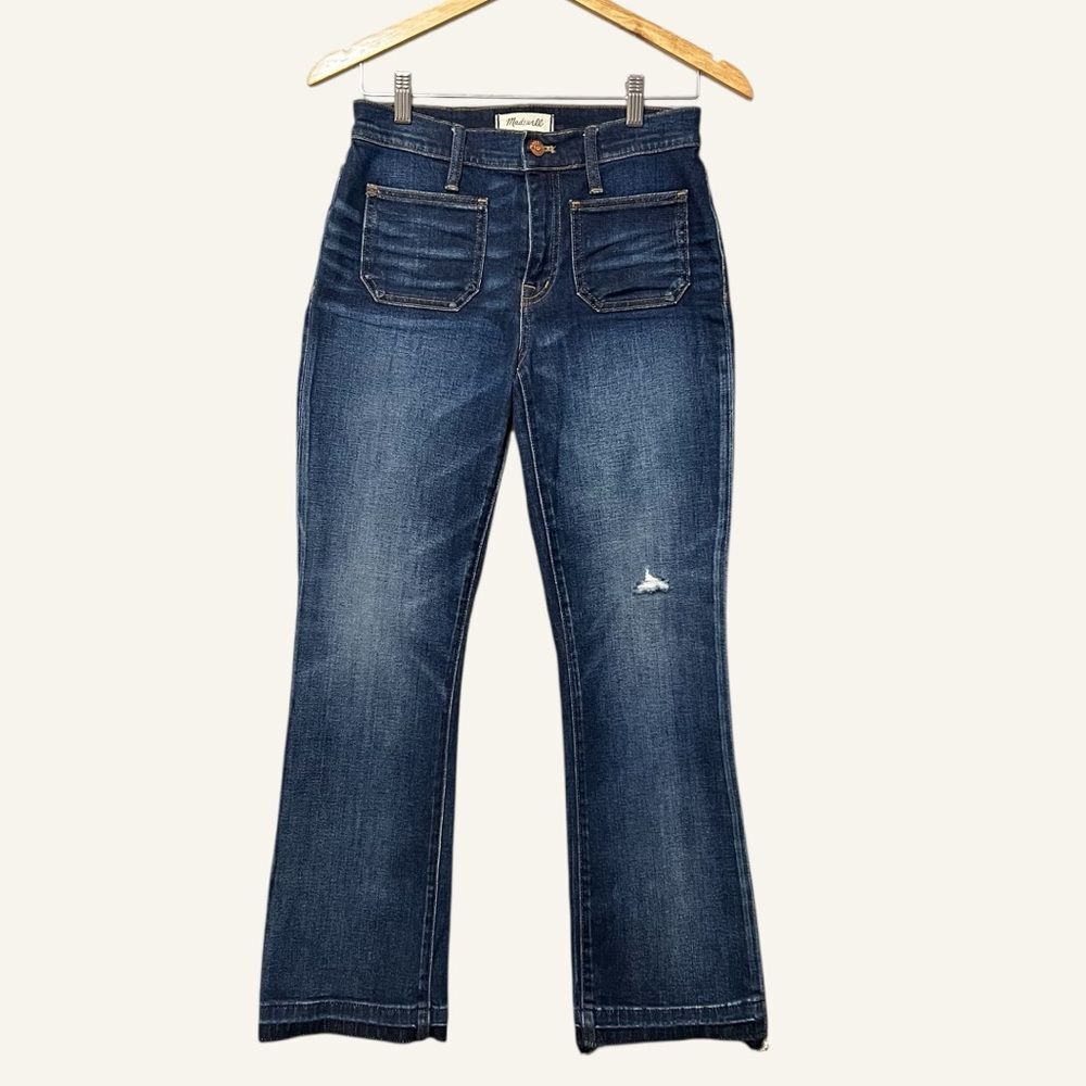 Madewell Cali-Demi Boot Jeans Size 26T Dark Wash Patch Pockets Released Raw Hem
